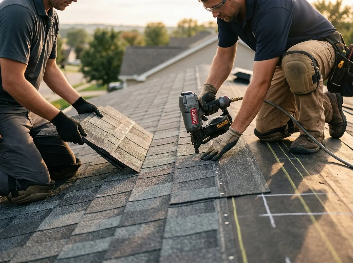Professional roofer working on a residential roof in Porter